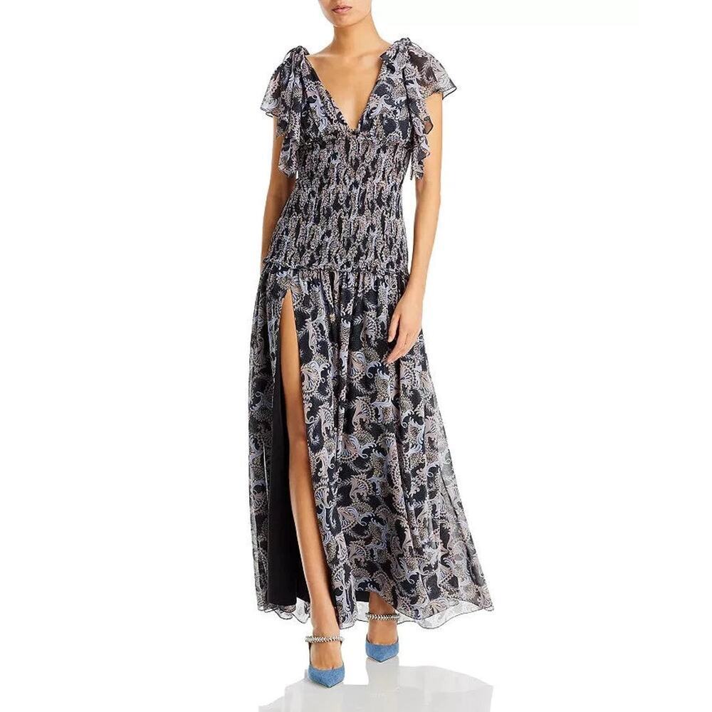 Cinq a Sept Kris Chiffon Dress in Raven Paisley Navy Blue Chiffon Smocked Maxi